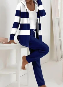 Image of Women's Printing Striped Daily Going Out Two-Piece Set Purplish Blue Casual Spring/Fall Coat With Pants Matching Set