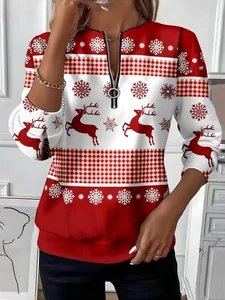 Image of Women's Christmas Sequin Print Casual Zipper Long Sleeve Sweatshirt
