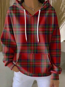 Image of Women's Christmas Plaid Print Casual Hooded Sweatshirt