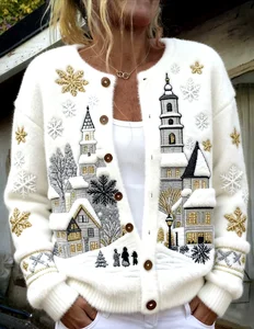 Image of Casual Stand Collar Loose Christmas Cardigan