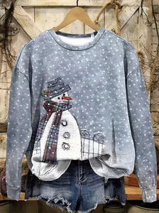 Image of Casual Printing Crew Neck Christmas Snowman Sweatshirt