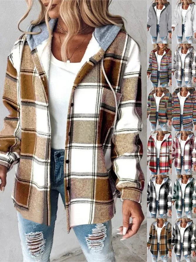 Women's Faux Wool Plaid Strip...