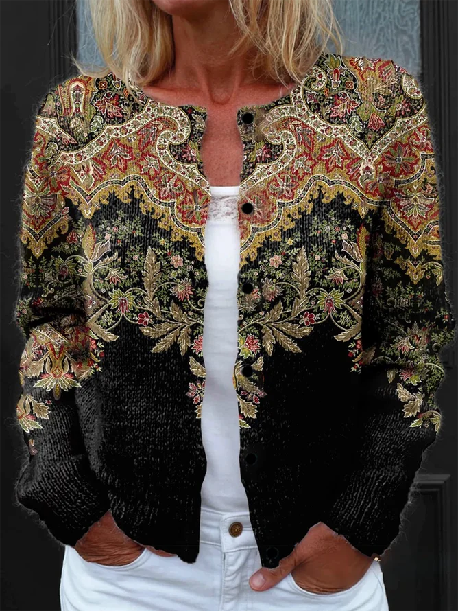 Print Buttoned Cardigan Sweat...