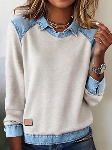 Image of Women'S Casual Lapel Denim Stitching Pullover Sweatshirt