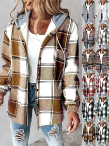 Image of Urban Split Joint Color Block Women's Faux Wool Plaid Striped Jacket
