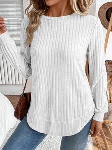 Image of Plain Crew Neck Jersey Casual Knit Top