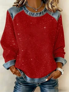 Image of Women's Casual Christmas Print Crew Neck Denim Patchwork Sweatshirt