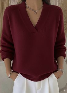 Image of Plain Casual V Neck Loose Sweater