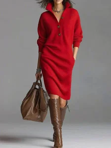 Image of Loose Plain Simple Turtleneck Sweater Dress With No Belt