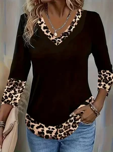 Image of Women's Long Sleeve T-shirt Spring/Fall Black Leopard Printing Jersey V Neck Daily Going Out Casual Top