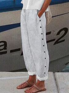Image of Striped Casual Loose Buttoned H-Line Straight Pants for Women