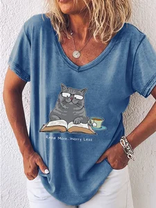 Image of Women's Read More Worry Less Cute Cat Print Casual V Neck T-Shirt