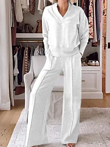 Image of Women's Split Joint Plain Daily Going Out Two-Piece Set White Casual Spring/Fall Top With Pants Matching Set