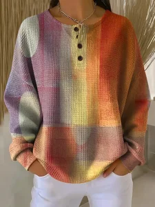 Image of Women's Abstract Print Button-Up Casual Waffle Knit Sweatshirt