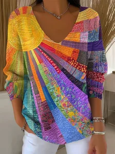 Image of Women's Long Sleeve T-shirt Spring/Fall As Picture Abstract Printing V Neck Daily Going Out Casual Top