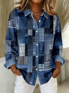Image of Women's Long Sleeve Shirt Spring/Fall Blue Faux Denim Print Graphic Buckle Shirt Collar Regular Sleeve Daily Going Out Casual Top