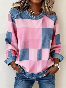 Image of Women's Plaid Print Patchwork Denim Crewneck Long-Sleeved Sweatshirt