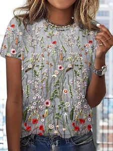 Image of Floral Printed Casual Loose Crew Neck Jersey T-Shirt