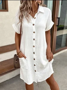 Image of Solid Color Single-Breasted Mid-Length Short-Sleeved Loose Casual Commuter Dress