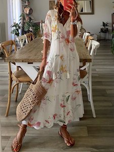 Image of Casual Floral V Neck Short Sleeve Woven Dress
