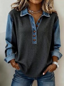 Image of Washed Denim Color Block Ribbing Shawl Collar Long Sleeve Casual Sweatshirt