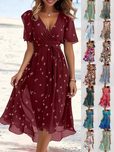 Image of Women's Short Sleeve Summer Green Floral Printing V Neck Daily Going Out Vintage Maxi A-Line Ruffle Skirt Dress