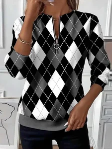 Image of Women's Plaid Print Casual Zipper Collar Long Sleeve Sweatshirt