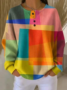 Image of Women's Abstract Print Button-Up Casual Waffle Knit Sweatshirt