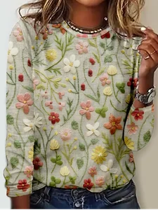 Image of Casual 3D Flower Printing Regular Fit Crew Neck Long Sleeve Shirt