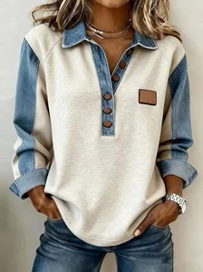 Image of Denim Color Block Long Sleeve Shawl Collar Going Out Casual Sweatshirt