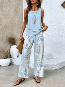 Image of Women's Leaf Daily Going Out Two-Piece Set Casual Summer Top With Pants Matching Set