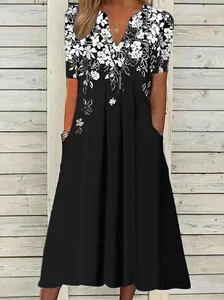 Image of Women's Short Sleeve Summer Black Floral Printing V Neck Daily Going Out Casual Maxi H-Line Fit & Flare Dress Dress