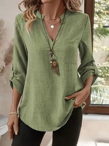 Image of Women's Three Quarter Sleeve Shirt Spring/Fall Green Plain Split Joint Cotton And Linen V Neck Daily Going Out Casual Top