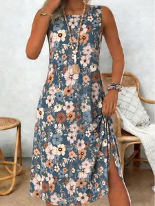 Image of Floral Cotton Loose Casual Dress With No