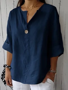 Image of Cotton Loose V Neck Casual Blouse