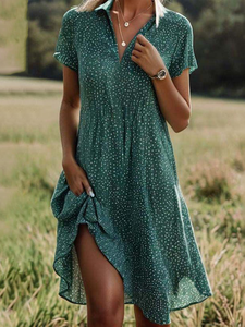 Image of Women's Short Sleeve Summer Polka Dots Sundress Shirt Collar V Neck Going Out Casual A-Line Midi Dress Green Blue Red