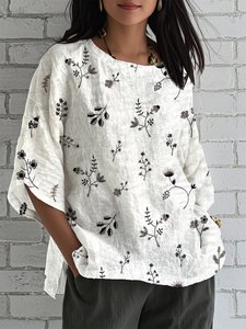 Image of Floral Crew Neck Linen Blend Simple Shirt