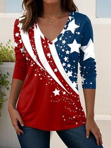 Image of Independence Day Patriotic V-neck Long-sleeved Women's T-shirt