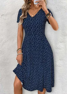 Image of Women's Elegant Short Sleeve V-Neck Dress