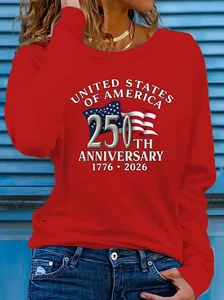 Image of Women's Long Sleeve T-shirt Spring/Fall Red Text Letters Printing Jersey Crew Neck Daily Going Out Casual Top