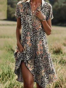 Image of Cotton Shirt Collar Vacation Dress With No