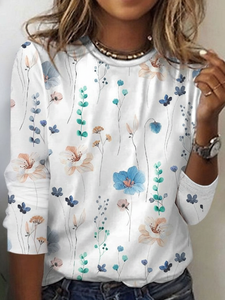 Image of Floral Loose Casual Cotton-Blend T-Shirt