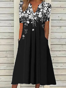 Image of Women's Short Sleeve Summer Black Floral Printing V Neck Daily Going Out Casual Maxi H-Line Fit & Flare Dress Dress