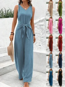 Image of Women's H-Line Overall V Neck Daily Going Out Casual Lace-up Plain Summer Long Jumpsuit Romper