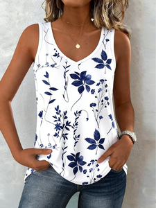 Image of V Neck Street Cotton-Blend Loose Tank Top