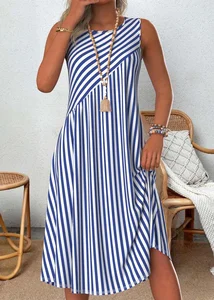 Image of Striped Loose Simple Crew Neck Dress With No