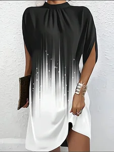 Image of Women's Short Sleeve Summer Blue Plain Split Joint Crew Neck Dolman Sleeve Daily Going Out Vintage Midi A-Line Tank Dress