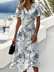 Image of Leaf Regular Fit V Neck Casual Dress With No