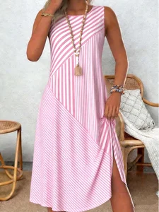 Image of Geometric Cotton Casual Crew Neck Dress With No