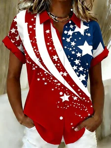 Image of Women's Short Sleeve Shirt Summer Red America Flag Printing Shirt Collar Daily Going Out Casual Top